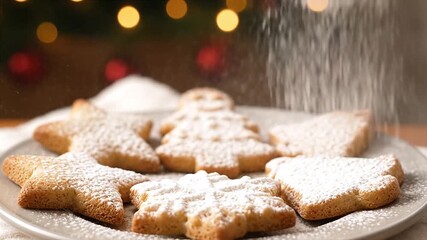 Christmas cookies being dusted with powdered sugar