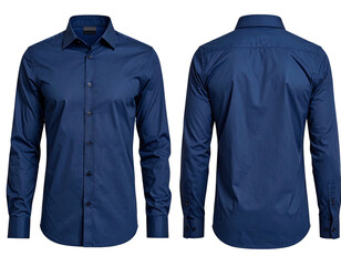 Front and back view of a dark blue, button-down long-sleeved dress shirt