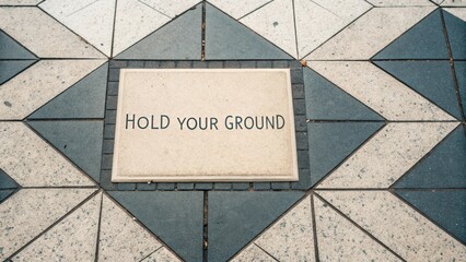 Inspirational stone plaque with the phrase 'Hold Your Ground' on geometric patterned pavement in urban setting