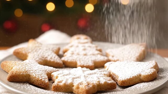 Christmas cookies being dusted with powdered sugar
