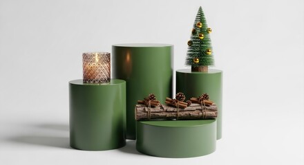 Green cylindrical pedestals display a patterned candle a small tree with gold ornaments and wood logs with cinnamon and pine cone decorations set against a white backdrop