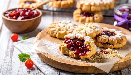 Sweet cherry cookies on wooden board
