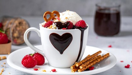 Sweet, heart-shaped chocolate sauce sundae in a mug