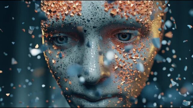 A close up cinematic shot of an artificial intelligence robot deconstructing into countless metallic fragments as the camera circles around it, capturing a futuristic and apocalyptic vision of tech