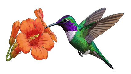 Obraz premium Colorful hummingbird feeding on vibrant orange flower (2)