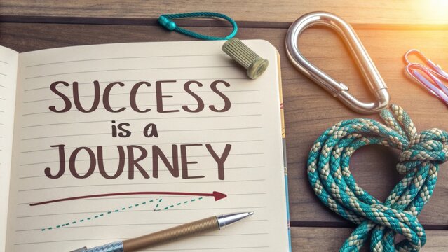 Success is a Journey: Inspirational Quote on Notebook with Climbing Equipment, Pen, and Rope in Workspace Setting
