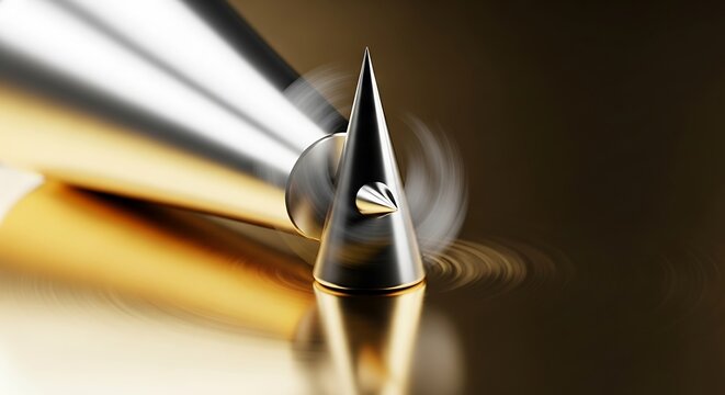 Abstract Metal Cone Spinning on Golden Reflective Surface Modern Design.