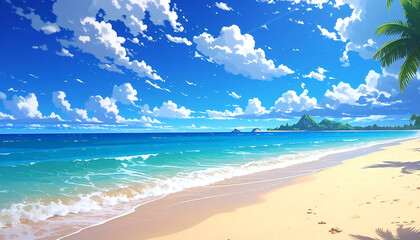 アニメ風景。空。海。砂浜。Anime scenery. Sky. Sea. Sandy beach.