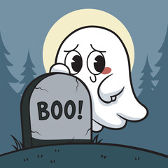 Cute little ghost vector cartoon character posing holding a tombstone with a shy expression