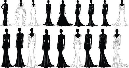 Evening gown fashion silhouettes, elegant dress styles, black and white illustration, formal wear design, minimal fashion icon set