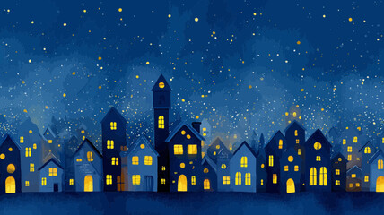 Watercolor painting of a cozy village with glowing windows at night under starry sky, concept for Christmas illustration, winter holidays designs and children's book artwork