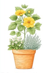 Yellow Flowers and Herbs in Terracotta Pot