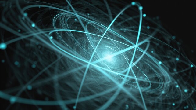 Visual Representation of Atomic Structure With Swirling Particles and Energy in a Dark Backdrop