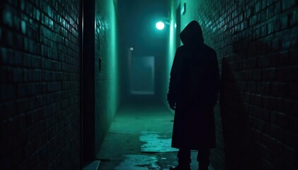 Mysterious Figure in Dimly Lit Alleyway Suspense, Intrigue, and Shadowy Ambiguity