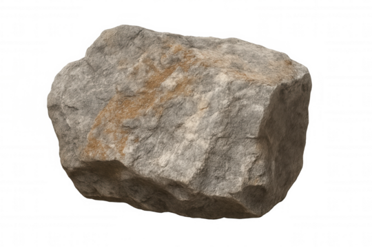 Gray rock block with natural stone texture and brown mineral traces on transparent background