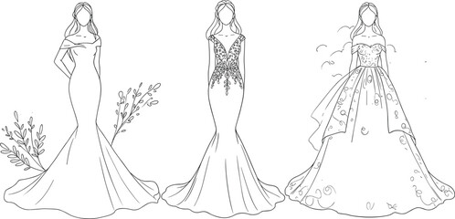 Wedding dress illustration, bridal gown sketch, floral embellishment design, mermaid and ball gown style, elegant fashion art, romantic outfit concept
