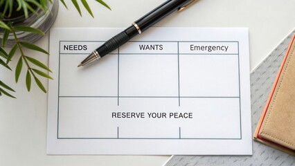 Organizational Planning Sheet for Prioritizing Needs, Wants, and Emergencies with Pen and Green Plant Accent