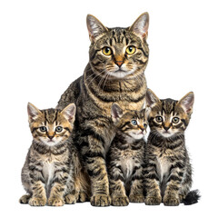 Obraz premium A mother cat and three kittens, all with tabby markings, posing in a studio shot