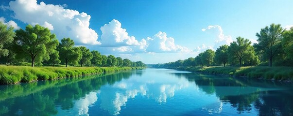 Serene Blue River Reflecting Azure Sky A Tranquil Summer Cloudscape, Perfect for Travel and Environmental Projects