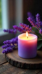 Serene Lavender Candle on Rustic Wood Peaceful Atmosphere for Relaxation and Aromatherapy