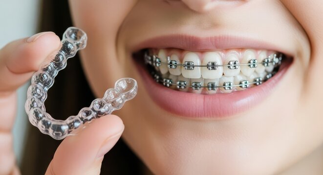 Woman holding clear aligner next to braces smiling
