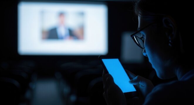 Man using smartphone with bright blue screen during a blurred video conference in a dark room - Powered by Adobe