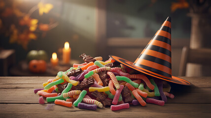 Fototapeta premium A pile of colorful gummy worm candies spills out from under a striped witchs hat on a wooden table, with blurred autumn decorations in the background, perfect for halloween treats