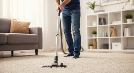 Person vacuuming a carpeted living room with a modern vacuum cleaner
