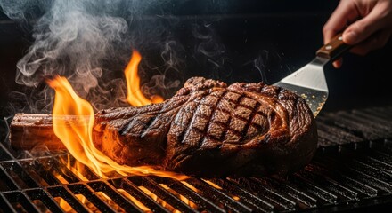 Juicy steak cooking over open flames on a grill
