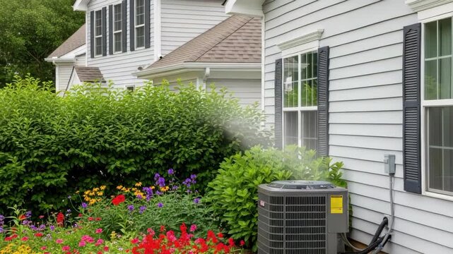 outdoor cooling unit sits beside light grey house with dark shutters and white trim A vibrant garden of red yellow pink and purple flowers thrives next to lush green bushes and hedges