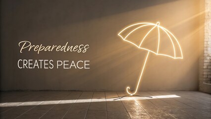 Illuminated Umbrella Design with Quote on Preparedness and Peace in Modern Interior Space Bathed in Natural Light