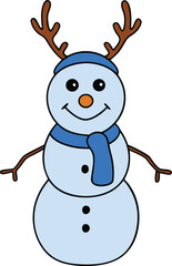 Cute Snowman with Reindeer Antlers, Blue Beanie, and Scarf Winter Illustration
