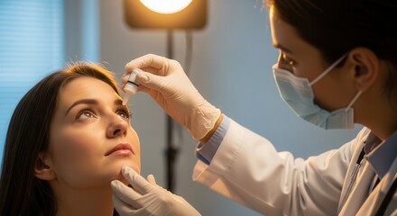 Ophthalmologist applying eye drops to a patient during an eye examination