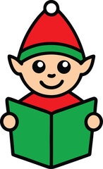 Festive Elf in Red Hat Reading Green Book Vector Illustration