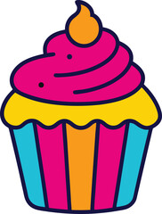 Vibrant Cartoon Cupcake with Pink Frosting and Striped Wrapper