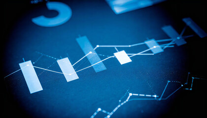 抽象的な金融データの視覚化。暗い背景に輝く青いチャートとグラフ。Abstract financial data visualization. Glowing blue charts and graphs on a dark background.