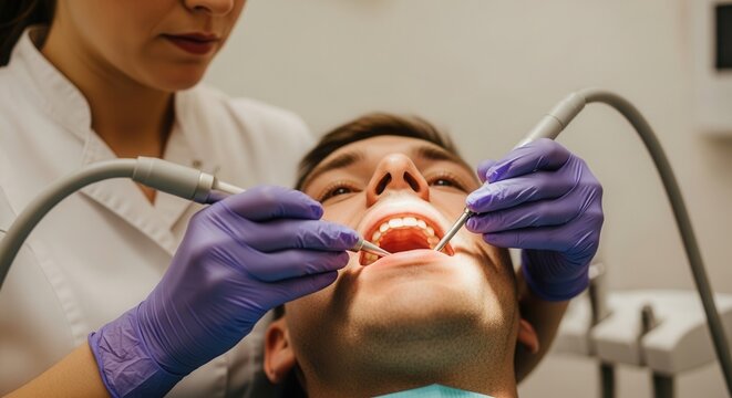 Dentist examining male patient teeth with dental tools during a routine check up