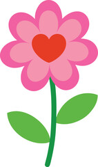 Cute Pink Flower with Red Heart Center, Simple Vector Graphic