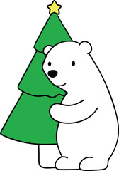 Adorable Polar Bear Hugging Christmas Tree with Golden Star Illustration