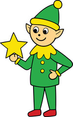 Cute Christmas Elf Holding Yellow Star, Festive Holiday Character Illustration
