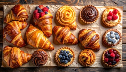 Fototapeta premium Flat Lay of Assorted French Pastries on Parchment Paper