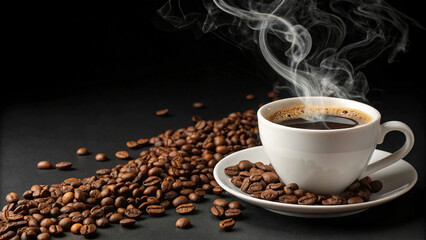 “Steaming cup of coffee with coffee beans scattered on black background