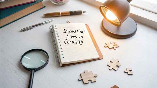 Creative Workspace Setup with Notebook and Light, Symbolizing Innovation and Curiosity in Learning and Development