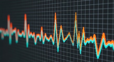 Vibrant orange and cyan jagged waveforms on digital display screen with grid