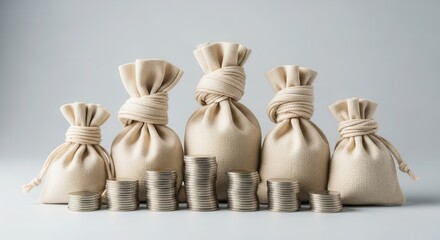 Financial growth concept with varying canvas money bags and stacked coins on a light gray background