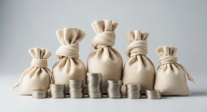 Financial growth concept with varying canvas money bags and stacked coins on a light gray background