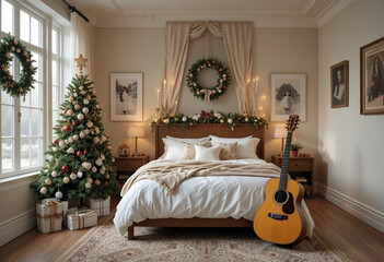 Cozy Christmas bedroom interior with decorated fir trees and guitar. Front view. 3d rendering.