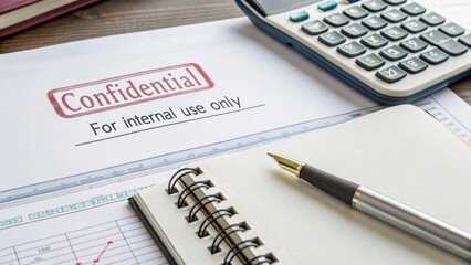 Professional Office Workspace with Confidential Documents, Calculator, and Notepad on Wooden Desk for Business Analysis