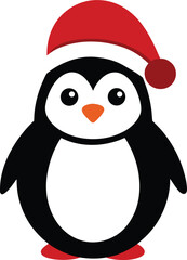 Cute Cartoon Penguin in Santa Hat, Christmas Holiday Vector Icon