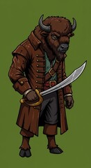 Obraz premium A fearsome anthropomorphic bison pirate stands confidently, clad in a brown coat and holding a gleaming sword, with a determined expression and a background that is shaded green.